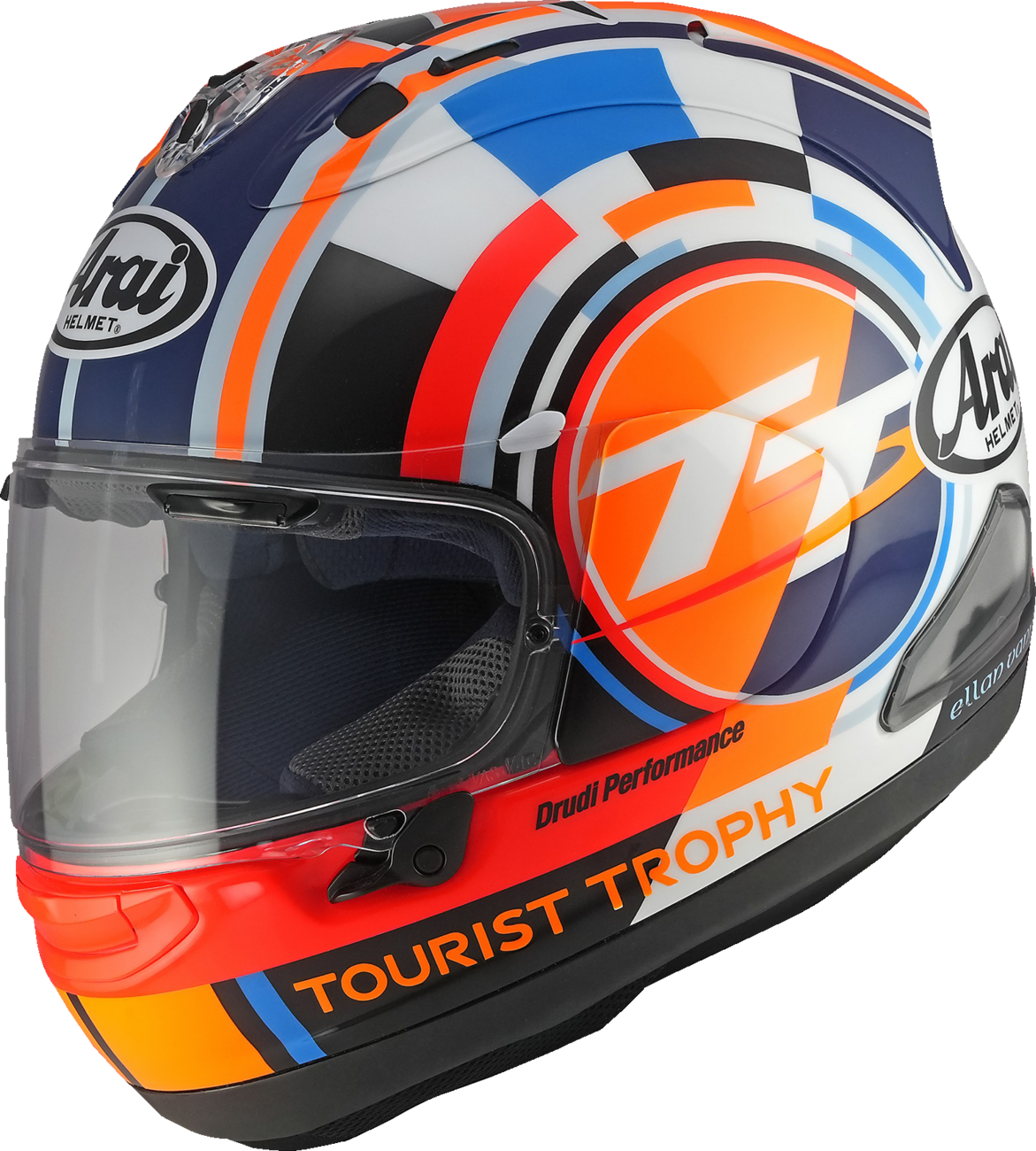 ARAÏ HELMETS Corsair-X motorcycle helmet with Isle of Man TT 2025 design, small size, front view showing sleek black finish.