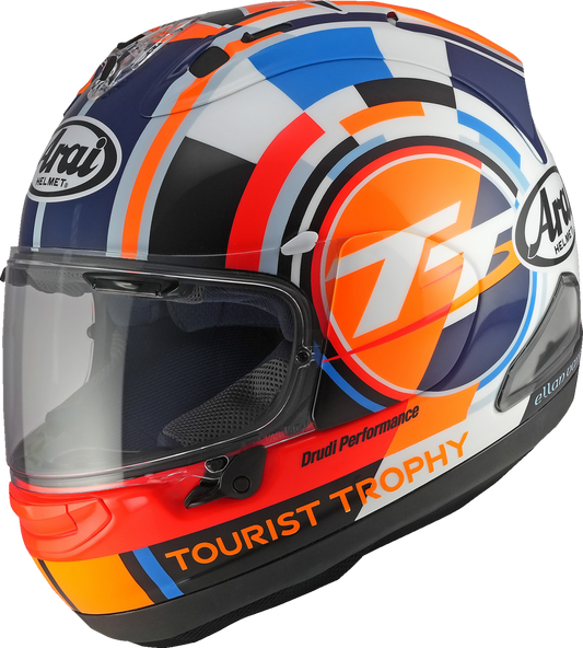 ARAÏ HELMETS Corsair-X motorcycle helmet with Isle of Man TT 2025 design, small size, front view showing sleek black finish.