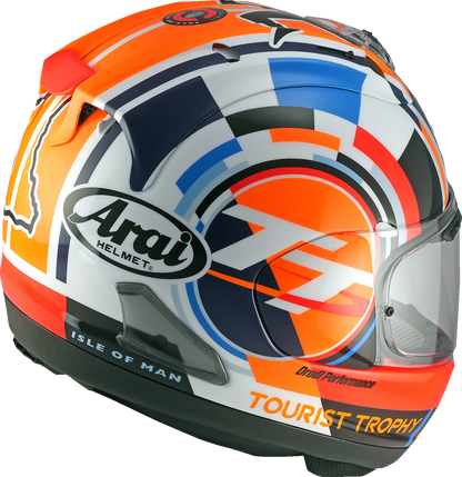 Arai Corsair-X motorcycle helmet in small size with Isle of Man TT 2025 design, featuring a sleek aerodynamic shape and bold graphics.