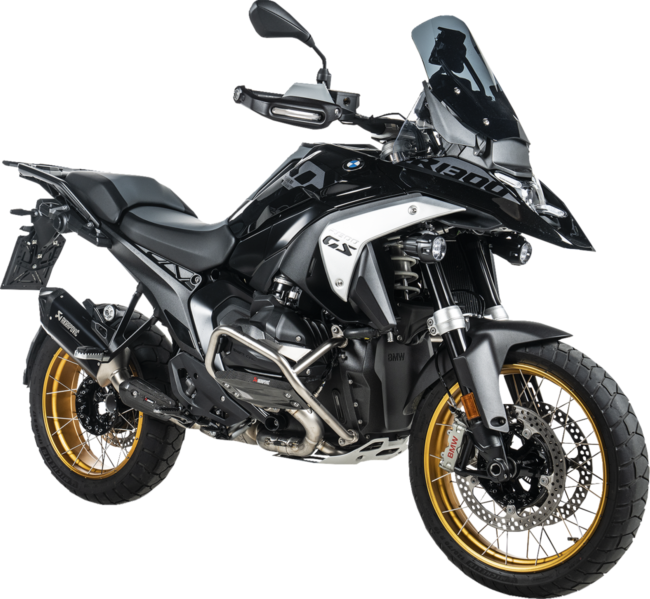 AKRAPOVIC lower frame protection bar for BMW R 1300 GS motorcycle, durable black metal guard mounted on the frame.