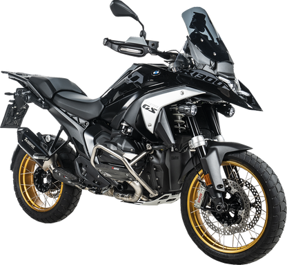 AKRAPOVIC lower frame protection bar for BMW R 1300 GS motorcycle, durable black metal guard mounted on the frame.