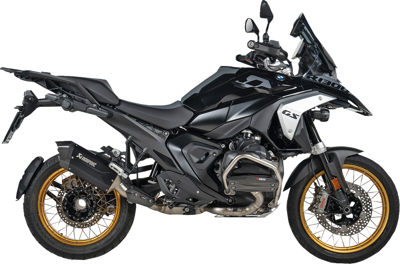 AKRAPOVIC lower frame protection bar for BMW R 1300 GS motorcycle, durable black metal guard on bike frame.