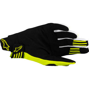 Black and fluo yellow Alpinestars Techstar MX gloves in large size, designed for motocross riding, with protective features.