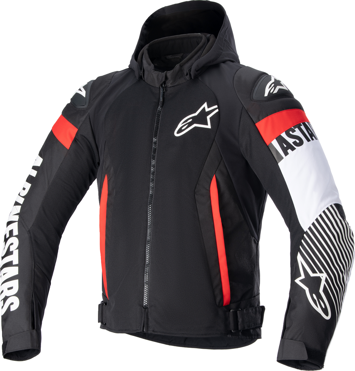 Alpinestars Zaca Air Jacket in black, white, and red, medium size, shown from the front with visible logo and ventilation design.