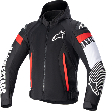 Alpinestars Zaca Air Jacket in black, white, and red, medium size, shown from the front with visible logo and ventilation design.