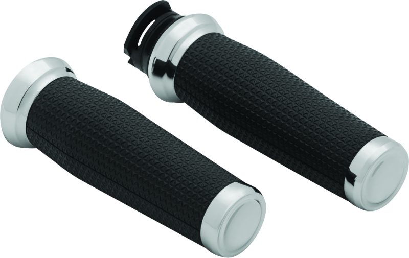 Chrome Kuryakyn Thresher motorcycle grips for Indian Scout with textured design and ergonomic shape.