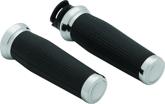 Chrome Kuryakyn Thresher motorcycle grips for Indian Scout with textured design and ergonomic shape.