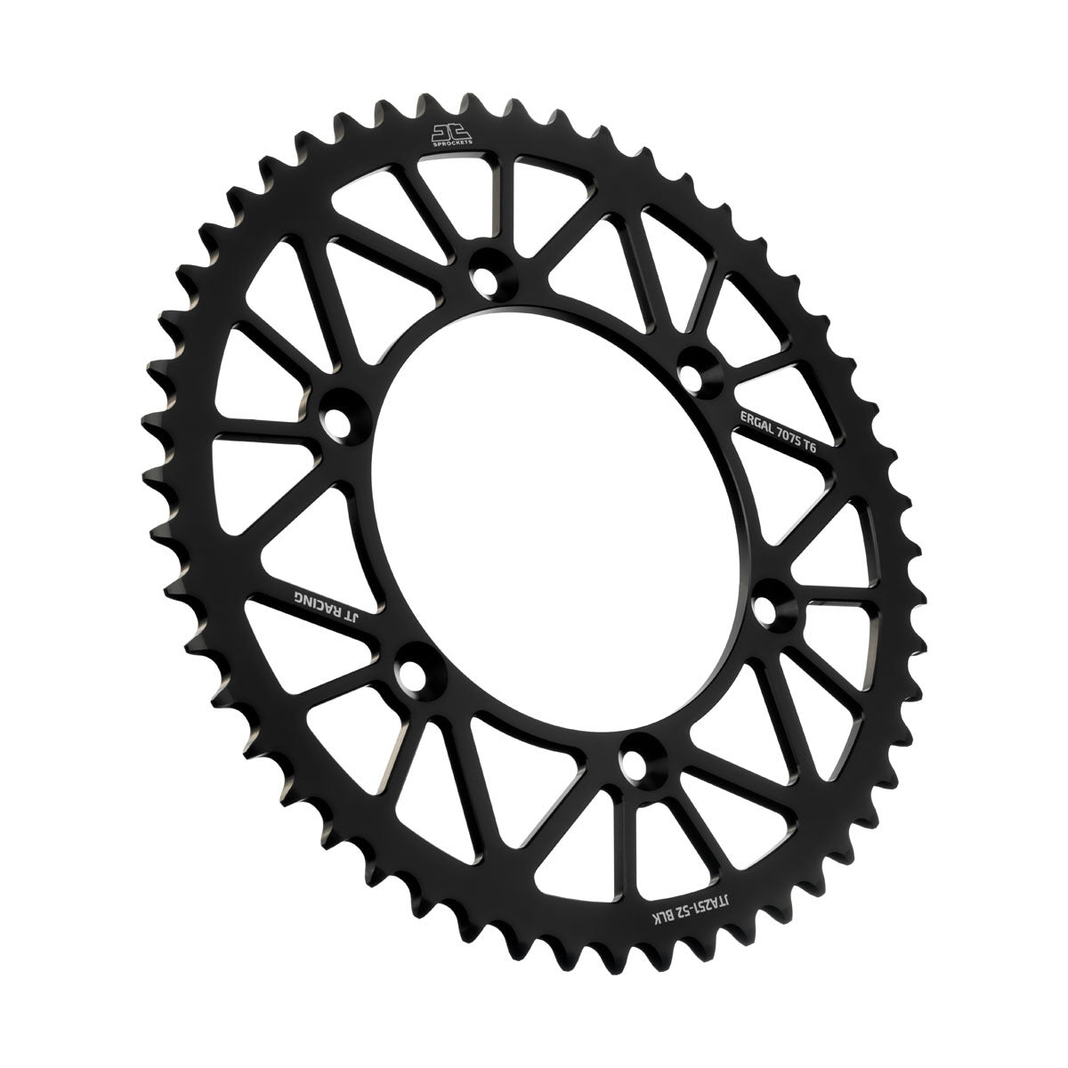 JT Racing JTA251.52BLK rear RacLite 52-tooth aluminum sprocket for Honda and Yamaha motorcycles, shown in black.