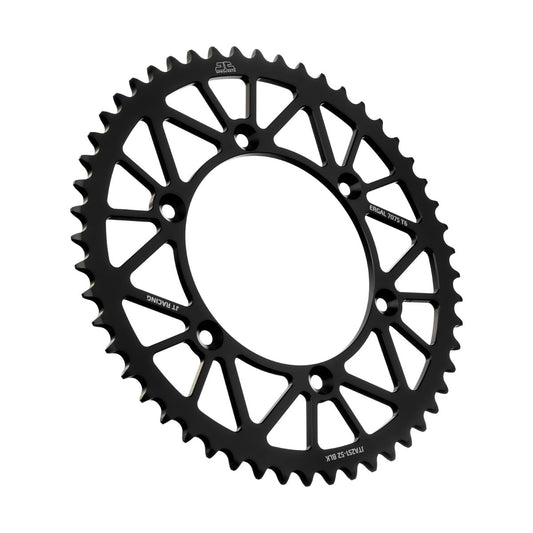 JT Racing JTA251.52BLK rear RacLite 52-tooth aluminum sprocket for Honda and Yamaha motorcycles, shown in black.