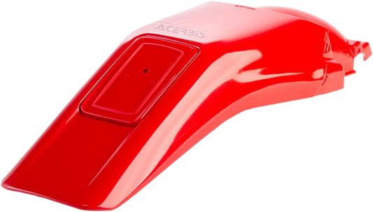Red ACERBIS rear fender mounted on a motorcycle body, showcasing its sleek design and vibrant color for off-road or dirt bike use.