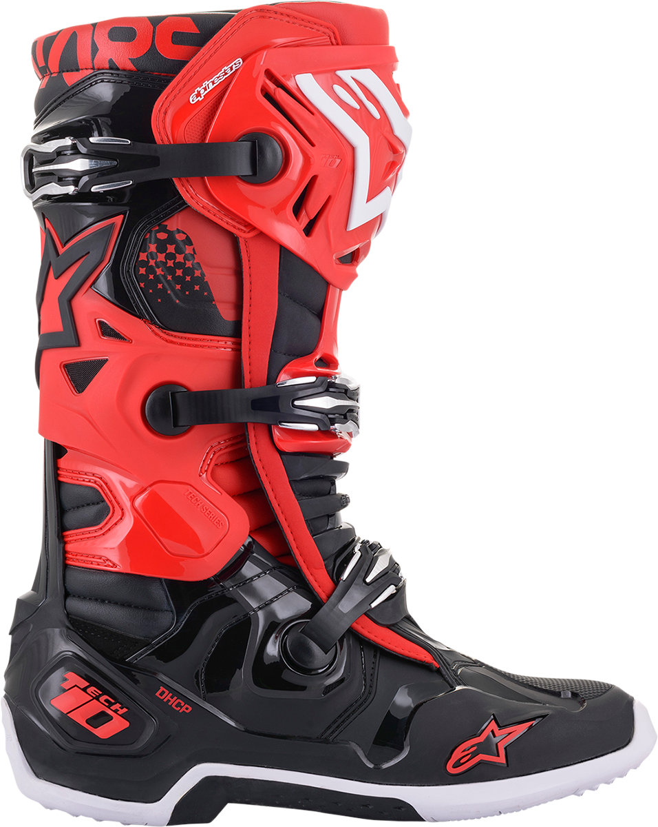 Alpinestars Tech 10 motorcycle boots in black and red with protective design, US size 13, displayed on a plain background.