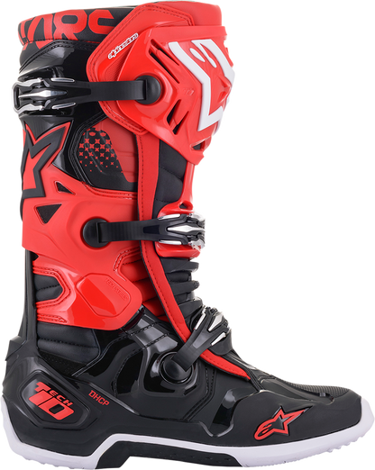 Alpinestars Tech 10 motorcycle boots in black and red with protective design, US size 13, displayed on a plain background.