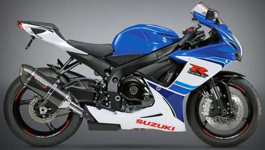 YOSHIMURA Signature Alpha slip-on exhaust with matte carbon fiber end cap for motorcycle, featuring sleek metal and carbon fiber details