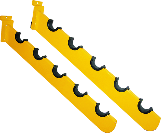 Pair of Bill's Exhausts ProTaper Slat Wall Waterfall motorcycle exhaust hangers on a slat wall display.