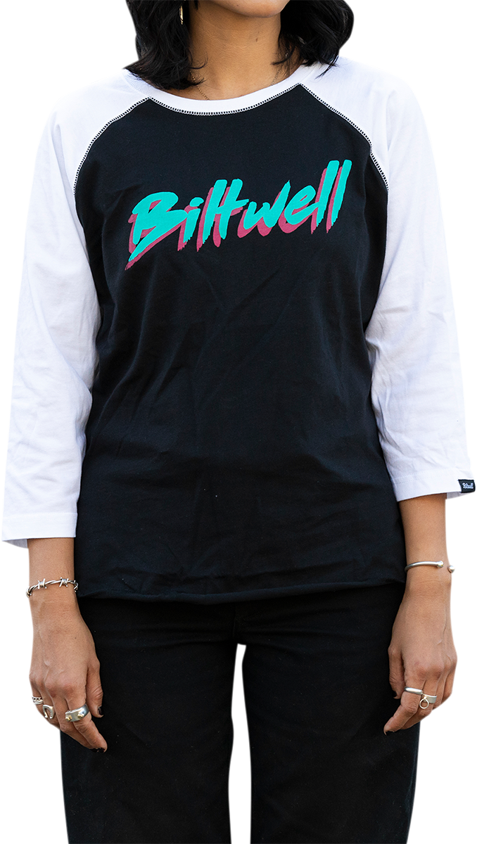 Bill's Exhausts Women's 1985 Raglan T-Shirt in black and white, medium size, featuring a classic baseball style design.