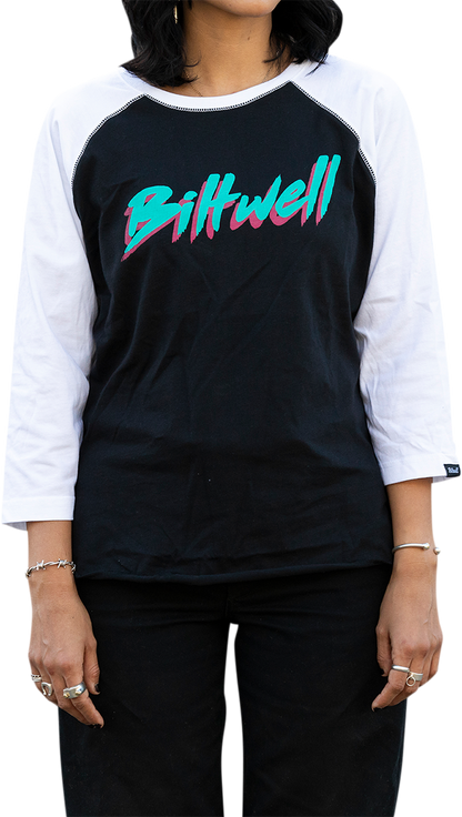 Bill's Exhausts Women's 1985 Raglan T-Shirt in black and white, medium size, featuring a classic baseball style design.