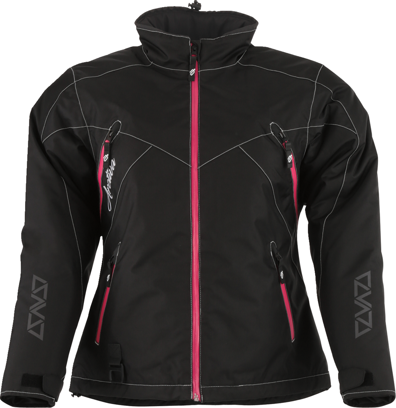 Black and pink ARCTIVA Women's Pivot 6 Jacket by Bill's Exhausts, front view in size large, lightweight outdoor jacket.
