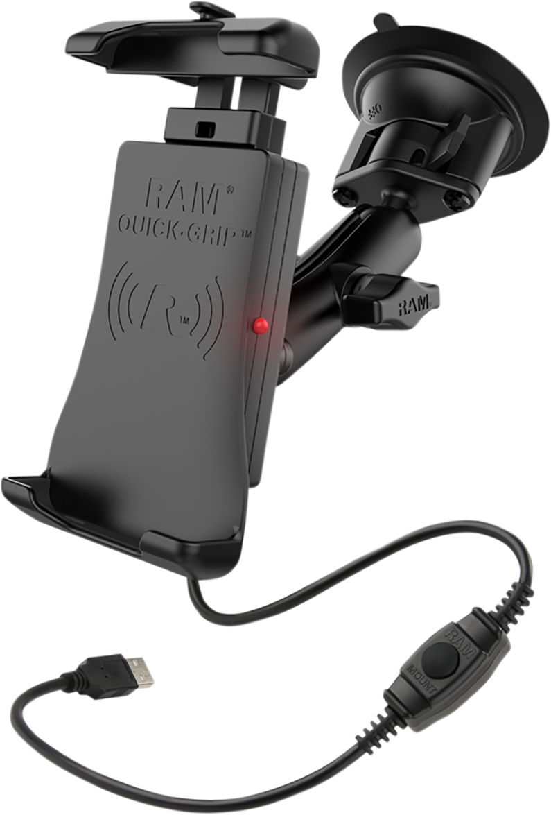 RAM MOUNTS wireless device holder with quick-grip and waterproof suction cup mount for engine use, compatible with Bill's Exhausts.