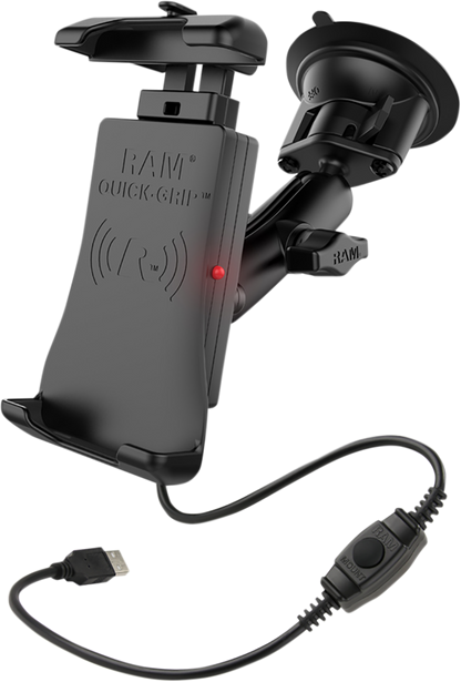 RAM MOUNTS wireless device holder with quick-grip and waterproof suction cup mount for engine use, compatible with Bill's Exhausts.