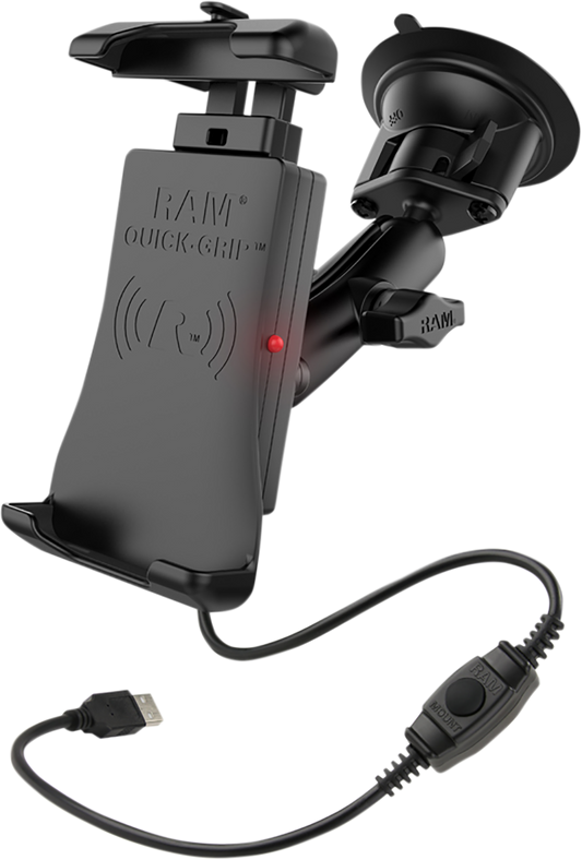 RAM MOUNTS wireless device holder with quick-grip and waterproof suction cup mount for engine use, compatible with Bill's Exhausts.