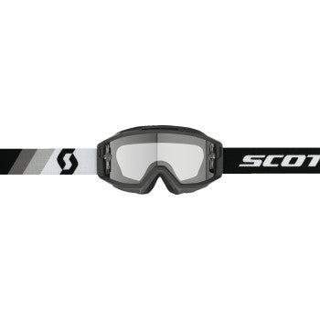 Scott split OTG premium black and white goggles with clear lenses, designed for motorcycle or sports use.
