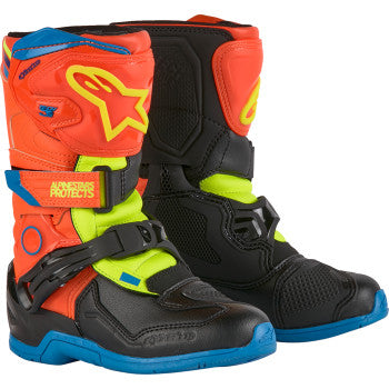 Alpinestars Kids Tech 3S motorcycle boots in fluorescent orange, yellow, and blue with US size 11, showing side view and vibrant colors.