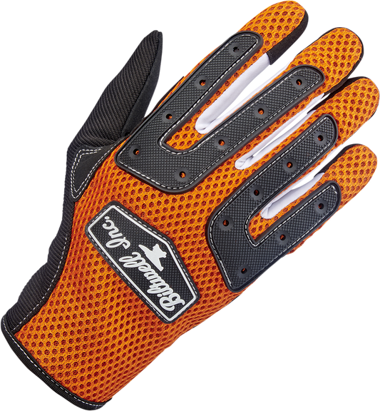 Orange BILTWELL Anza gloves in large size, showing textured leather with reinforced knuckles and secure wrist strap.