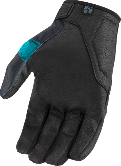 Bill's Exhausts ICON Hooligan Munchies Gloves in teal, XL size, showing close-up of textured leather and reinforced palm design.