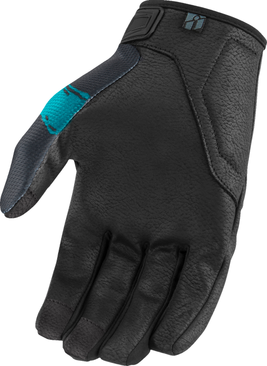 Bill's Exhausts ICON Hooligan Munchies Gloves in teal, XL size, showing close-up of textured leather and reinforced palm design.