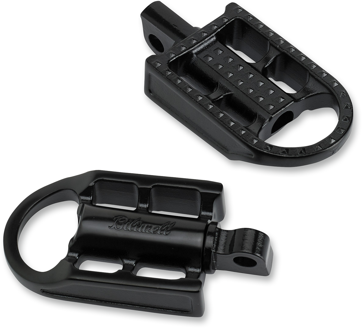 Black electroplated BILTWELL Mushman footpegs for motorcycle, standard size, with textured surface and mounting hardware visible.
