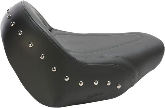 Studded Saddlemens Solo Seat for VN1500 motorcycle, black leather with detailed stud accents, designed for comfort and style.