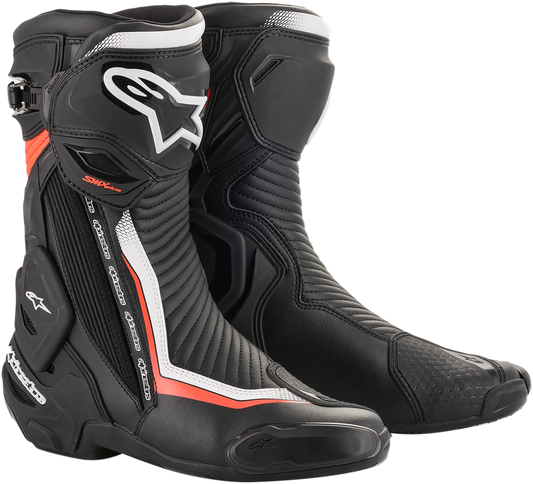 Alpinestars SMX+ motorcycle racing boots in black, white, and red fluorescent with US 11.5 size, featuring protective design.