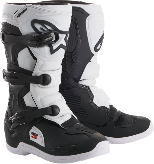 Alpinestars Tech 3S motorcycle boots in black and white, US size 5, with protective design and sturdy sole.