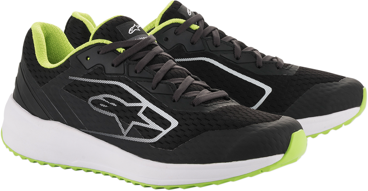 Alpinestars Meta Shoes in black, white, and green, US size 9, featuring sporty design and brand logo on the side.