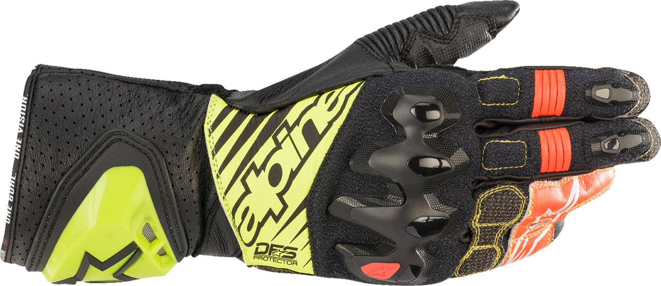 Alpinestars GP Tech V2 S motorcycle gloves in black, fluo yellow, white, and fluo red with protective knuckles and reinforced palm.