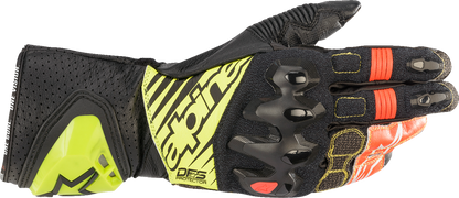 Alpinestars GP Tech V2 S motorcycle gloves in black, fluo yellow, white, and fluo red with protective knuckles and reinforced palm.