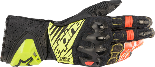 Alpinestars GP Tech V2 S motorcycle gloves in black, fluo yellow, white, and fluo red with protective knuckles and reinforced palm.