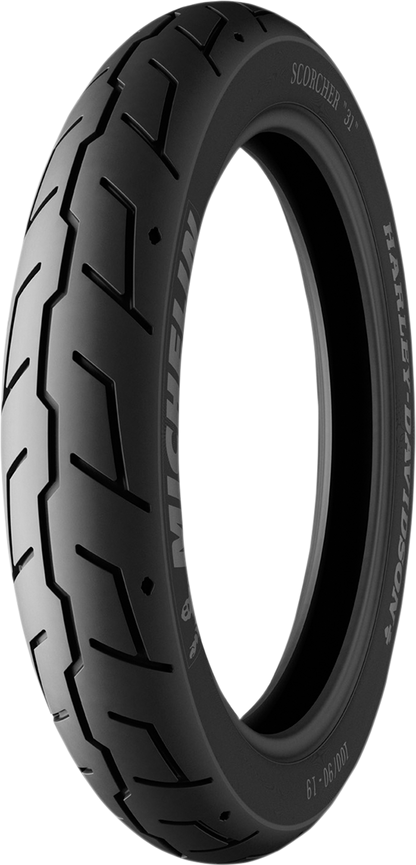 Michelin Scorcher 31 front motorcycle tire 130/70B18 with 63H load rating, designed for enhanced performance and durability.