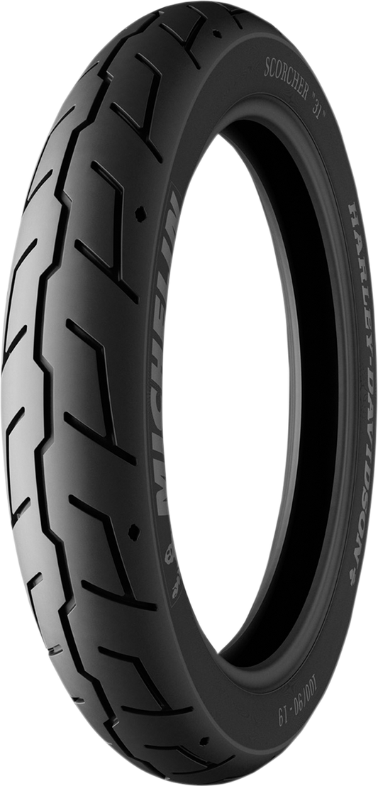 Michelin Scorcher 31 front motorcycle tire 130/70B18 with 63H load rating, designed for enhanced performance and durability.