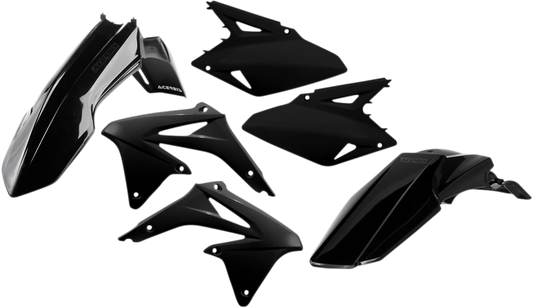 A black Acerbis standard replacement body kit for motorcycles, shown assembled with panels and components.