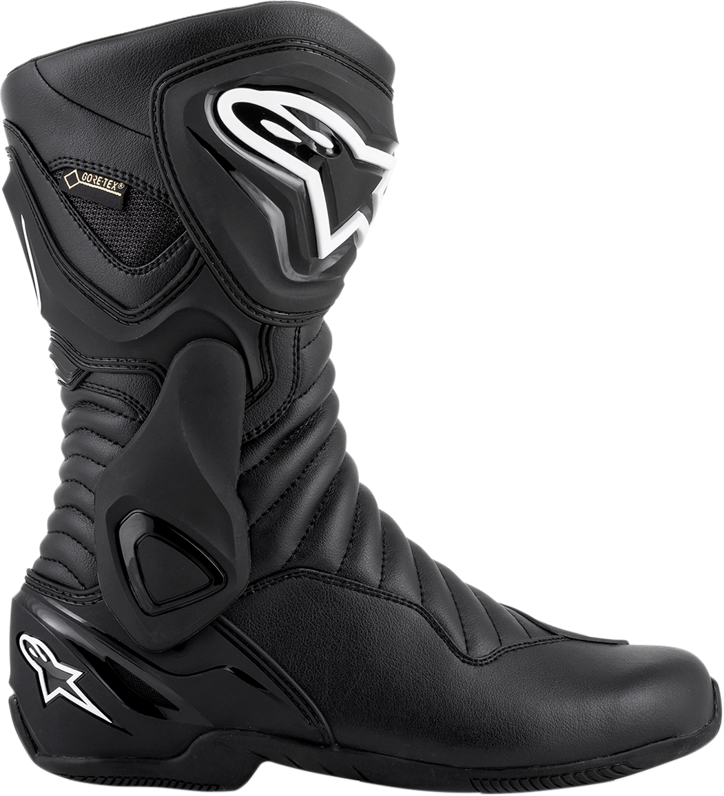 Black Alpinestars SMX-6 v2 Gore-Tex motorcycle boots in US 10.5 / EU 45, featuring durable design and protective features.
