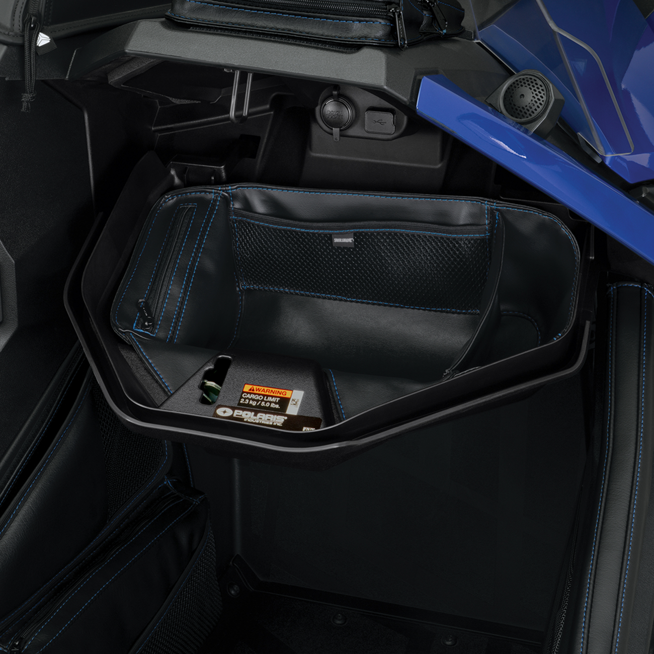 Blue SHOW CHROME glove box organizer for engine from Bill's Exhausts, featuring multiple compartments for vehicle storage.