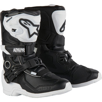 Alpinestars Kids Tech 3S motorcycle boots in black and white, US size 10, featuring protective design and sporty style.