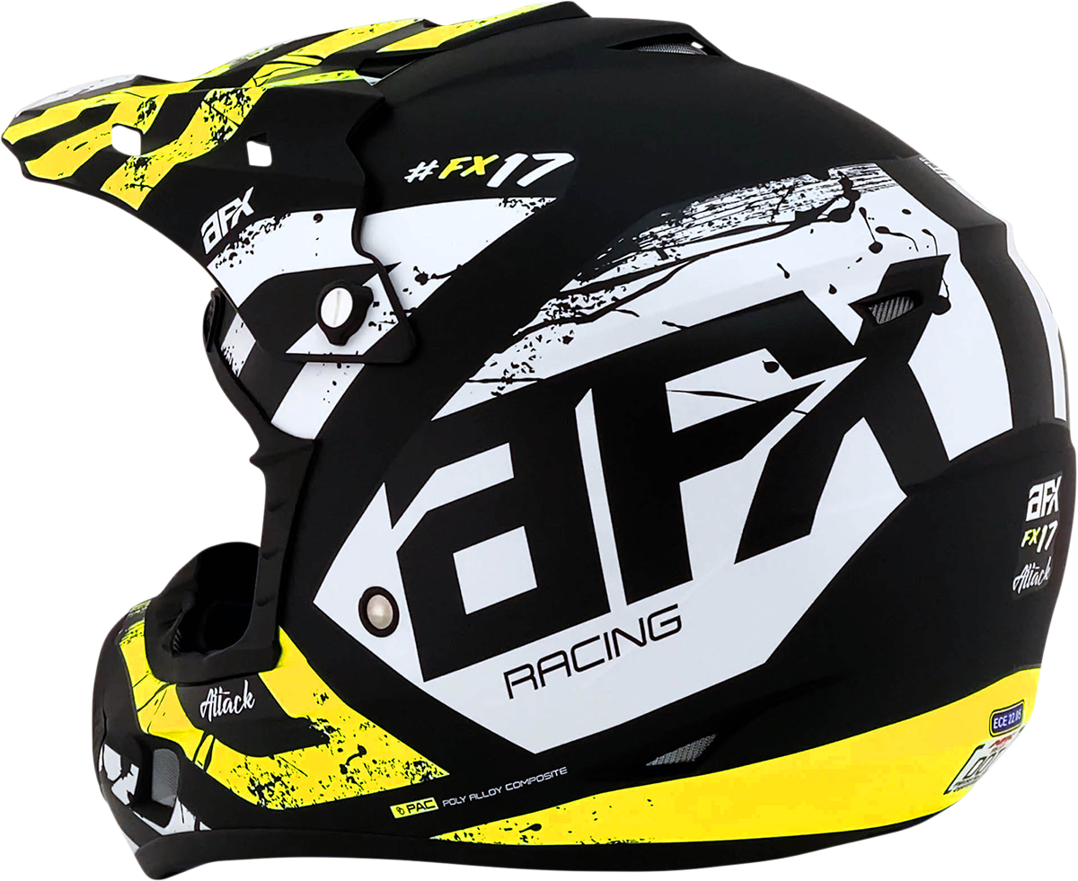 AFX FX-17 Attack helmet in matte black and hi-vis yellow, medium size, with aerodynamic design and ventilation openings.