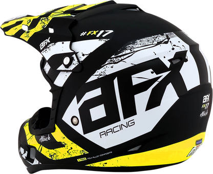 AFX FX-17 Attack helmet in matte black and hi-vis yellow, medium size, with aerodynamic design and ventilation openings.