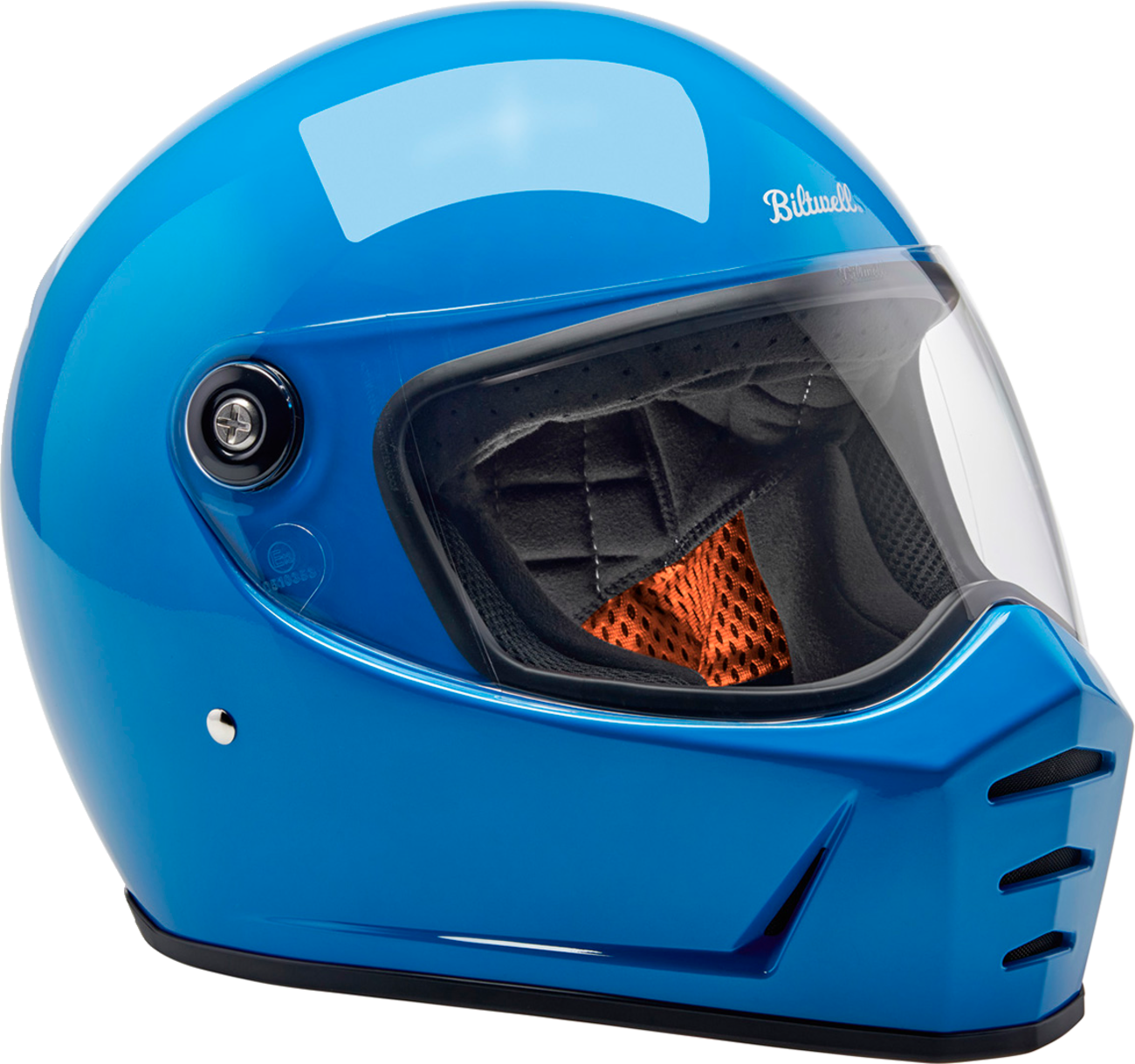 Bill's Exhausts BILTWell Lane Splitter helmet in gloss Tahoe Blue, large size, with aerodynamic design and secure strap buckle.