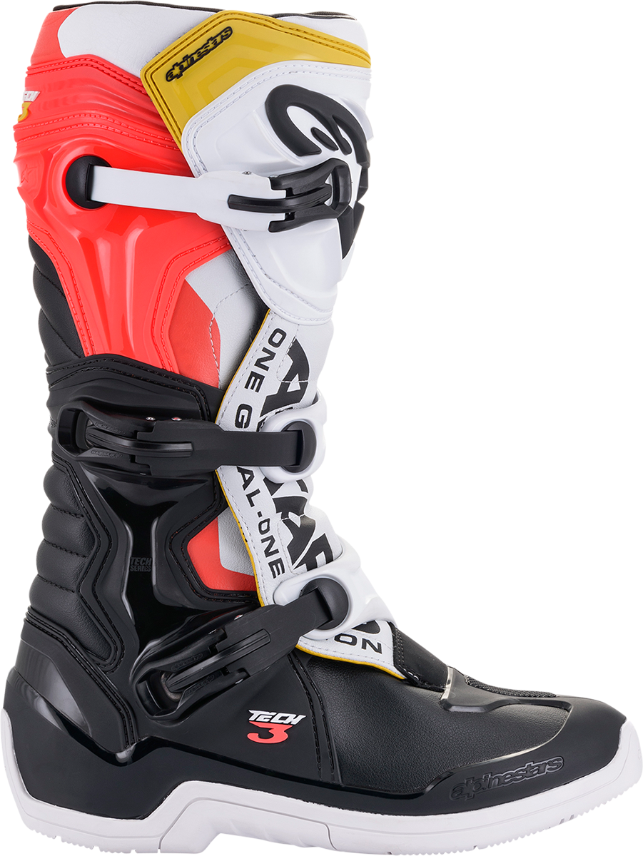 Alpinestars Tech 3 motorcycle riding boots in black, white, and orange with protective features, US size 7, by Bill's Exhausts.