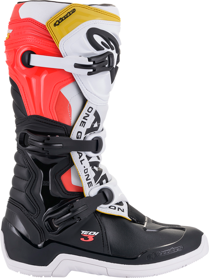 Alpinestars Tech 3 motorcycle boots in black, white, and orange with US 9 size, featuring protective design and sturdy construction.
