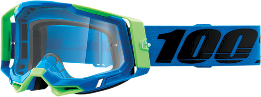 Clear 100% Racecraft 2 goggles by Bill's Exhausts with adjustable strap and ventilated frame for racing and outdoor activities.