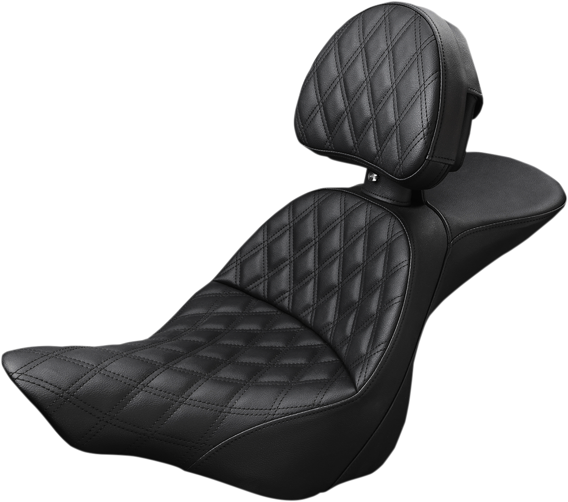 Bill's Exhausts Saddlemen Explorer Seat with lattice stitching and backrest for FXSB motorcycle, showcasing detailed seat design.